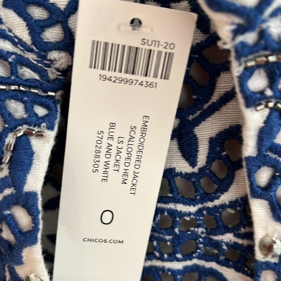 NWT Chicos Embroidered Blue & White Jacket. Scalloped Hem. - Picture 7 of 8